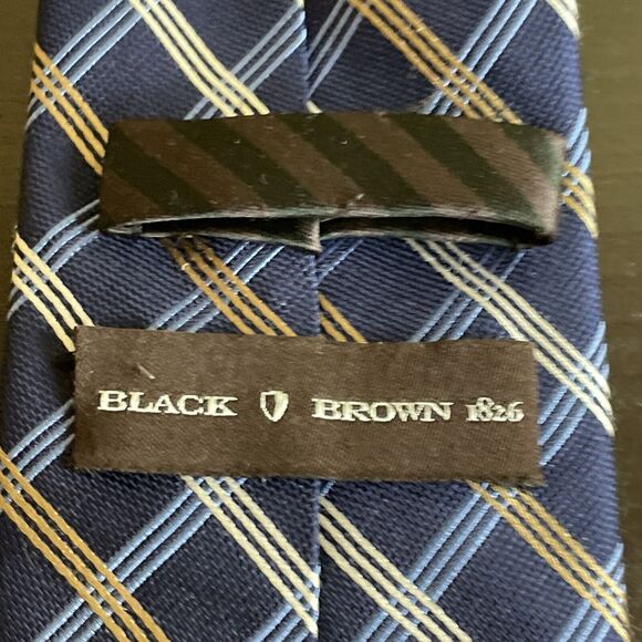 Black Brown 1826 Neck Tie Solid Blue With Brown White Stripes 100% Silk - 61 In - Picture 3 of 5